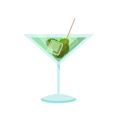 Martini glass, triangle cocktail cup with green olive fruit on stick, ice cubes and drink
