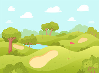 Golf course, waving landscape with green trees and meadow on grass hills, hole in ground