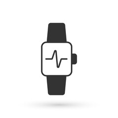 Grey Smart watch showing heart beat rate icon isolated on white background. Fitness App concept. Vector