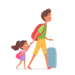 Family people travel, man and kid tourists walk with suitcase and backpacks in airport