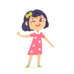 Cute girl winking, happy kid showing thumbs up gesture and funny expression wink