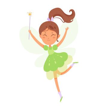 Cute fairy girl holding magic wand, princess with green butterfly wings and dress jumping
