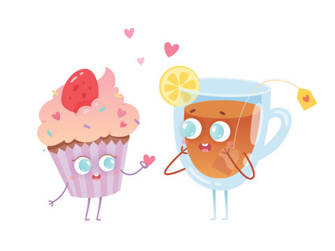 Cute tea cup and cupcake characters, happy couple for tea time, glass mug and cake