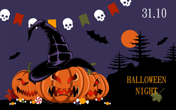 Halloween night, banner with evil pumpkins.