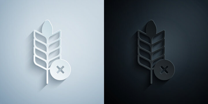 Paper cut Gluten free grain icon isolated on grey and black background. No wheat sign. Food intolerance symbols. Paper art style. Vector