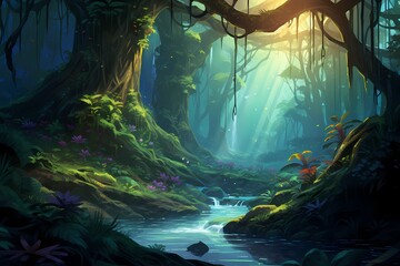 Fantasy Pathway Through A Dense Forest.Moonlight shines.Fantasy Backdrop Concept Art Realistic Illustration Video Game Background Digital Painting CG Artwork Scenery Artwork Serious Book Illustration.
