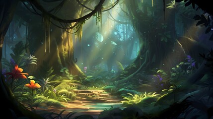 Fototapeta premium Fantasy Pathway Through A Dense Forest.Moonlight shines.Fantasy Backdrop Concept Art Realistic Illustration Video Game Background Digital Painting CG Artwork Scenery Artwork Serious Book Illustration.