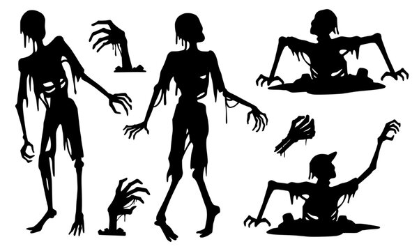 Halloween zombie set with walking dead and zombie hands. Fear collection of apocalypse elements for halloween night or happy witchcraft party