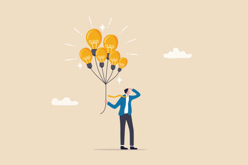 Innovation idea, creativity, solution or smart thinking, inspiration, imagination or wisdom to develop business plan, advice or invention concept, smart businessman holding lightbulb idea balloons.