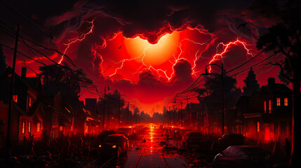 Epic red sky over a deserted town at midnight - obrazy, fototapety, plakaty