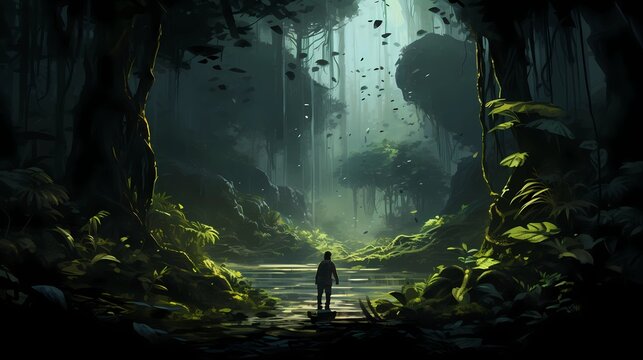 Fantasy Pathway Through A Dense Forest.Moonlight shines.Fantasy Backdrop Concept Art Realistic Illustration Video Game Background Digital Painting CG Artwork Scenery Artwork Serious Book Illustration.