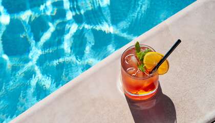Refreshing cocktail by the pool on a sunny day, the perfect summer vacation. View from above with...