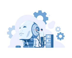 Artificial intelligence vector illustration of scientists men building human head with cogwheels and wires. Digital brain or android robot mind development technology vector illustration