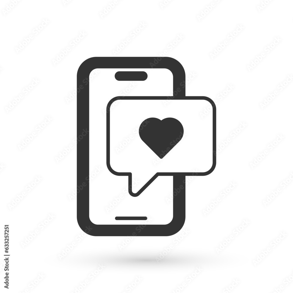 Poster grey smartphone with heart emoji speech bubble get message on screen icon isolated on white backgrou