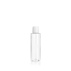 Transparent cylindrical PET bottle container with white cap. Packaging of antiseptic. Template of a bottle for cosmetics and medical products. Isolated on white background, copy space.