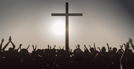 People raise their hands in front of the cross to pray. Many people worship God. - obrazy, fototapety, plakaty