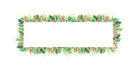 Christams traditional watercolor frame , for card , banner, greeting design with xmas greenery