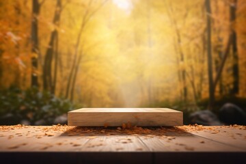 empty wooden tabletop podium in open garden forest, blurred background of autumn plants with space. organic product present natural placement pedestal display, autumn concept. Generative AI