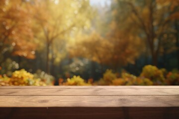 empty wooden tabletop podium in open garden forest, blurred background of autumn plants with space. organic product present natural placement pedestal display, autumn concept. Generative AI