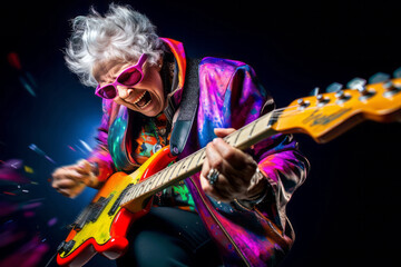 Grandmother playing electric guitar and screaming a song on stage as a rock star. Dynamic senior...