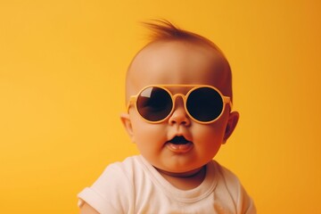 cheerful smiling baby 5-9 months old in sunglasses laughs on a yellow background. Generative AI