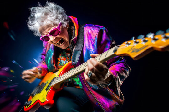 Grandmother playing electric guitar and screaming a song on stage as a rock star. Dynamic senior lifestyle concept : Sunset of life in colors.