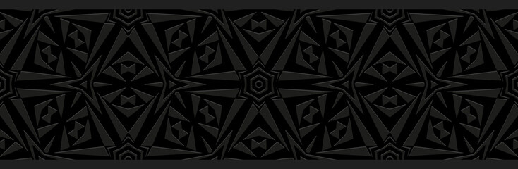 Banner, cover design. Embossed ethnic 3D boho pattern, handmade. Geometric black background, original ornaments. Tribal flavor, the best traditions of the East, Asia, India, Mexico, Aztec, Peru.