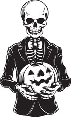 Skeleton holding a pumpkin halloween, Happy Halloween Vector Illustration, SVG
