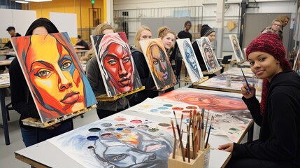 School art class, collaborating and independently creating, each piece an embodiment of their artistic voice. Generated by AI.