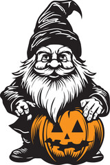 Autumn Gnome in a witch hat holding Pumpkin, Halloween Gnome holding Pumpkin, Vector illustration, SVG