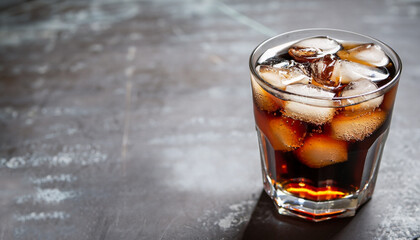 Refreshing glass of cola with ice. On stone table with copy space