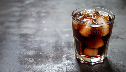 Refreshing glass of cola with ice. On stone table with copy space