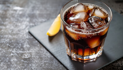 Refreshing glass of cola with ice. On stone table with copy space