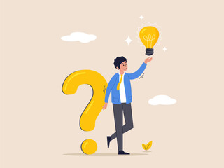 QA concept. Question and answer, q and a or solution to solve problem, FAQ frequently asked question, help or creative thinking idea. Smart businessman holding question mark sign and lightbulb