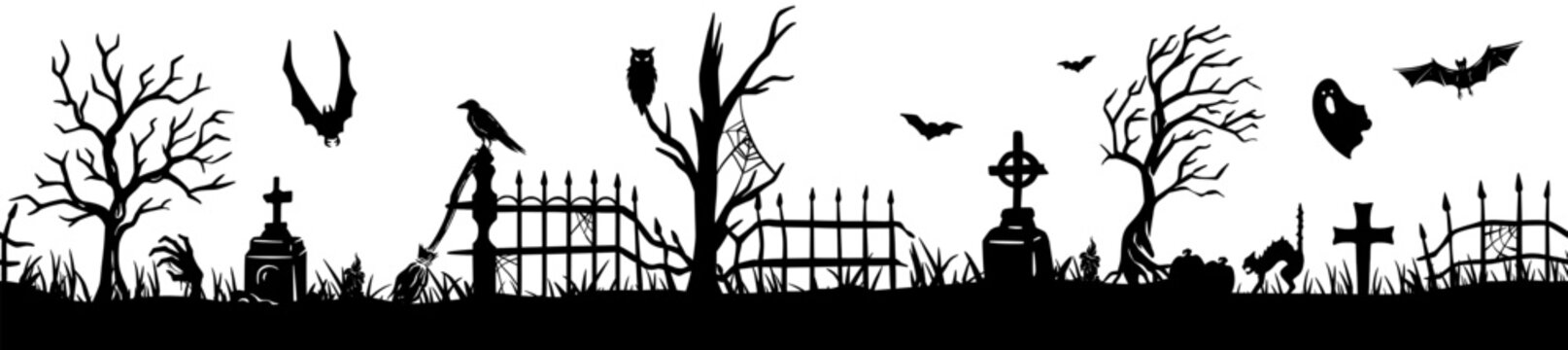 Halloween seamless panorama with halloween silhouette of apocalypse, cemetery elements for fear holiday background