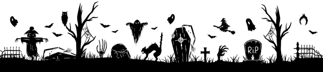 Halloween seamless panorama with halloween silhouette of apocalypse, cemetery elements for fear holiday background