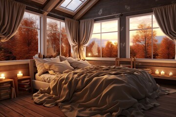 Cozy Bedroom Haven: Soft Pillows, Warm Lighting, and a Serene Moonlit Landscape, generative AI