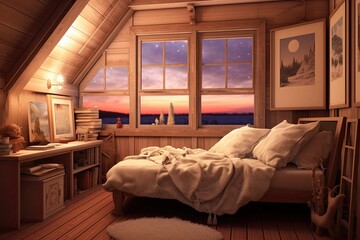 Cozy Bedroom Retreat: Soft Pillows, Warm Lighting, and a Serene Moonlit Landscape, generative AI