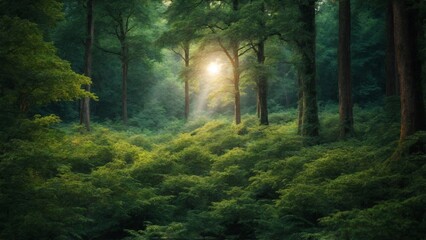 Fototapeta premium A vibrant woodland: a lush forest teeming with diverse trees, a tapestry of nature showcasing its rich vitality.