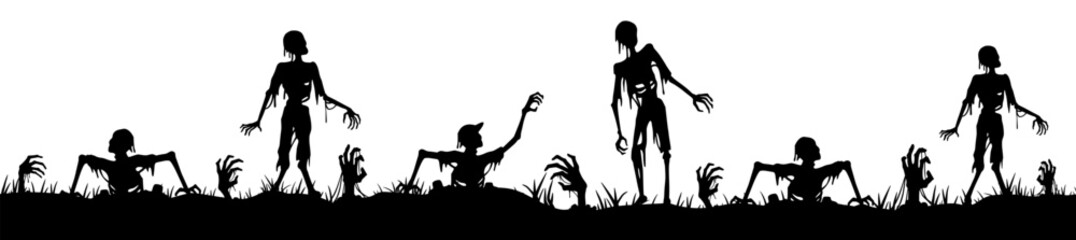 Halloween zombie seamless pattern with silhouette of walking dead and zombie hands. Fear background with apocalypse elements for halloween night or happy witchcraft party