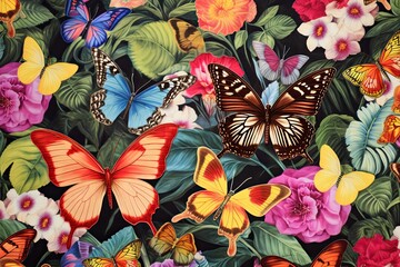 Graceful Butterflies Dancing Amongst a Tapestry of Blossoms: Mesmerizing Colors on Adorned Wings, generative AI