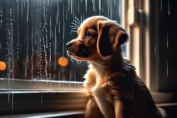 a puppy staring endlessly at the rain outside the window - obrazy, fototapety, plakaty