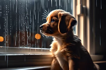 Fotobehang a puppy staring endlessly at the rain outside the window © gyuntae