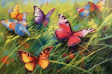 Rainbow-Colored Wings: Graceful Butterflies Fluttering in a Sunlit Meadow, generative AI