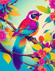  Illustration of a beautiful multicolored bird on a branch. painting style