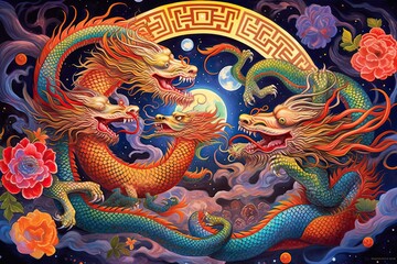 Chinese Dragon Drawing: Spectacular Lunar Festival with Celestial Serpents Dancing Amidst Intricate Patterns and Bold Colors, generative AI