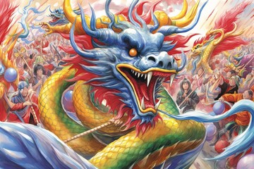 Colorful Parade of awe-Inspiring and Majestic Chinese Dragons: Vibrant Accents in Dragon's Dance, generative AI