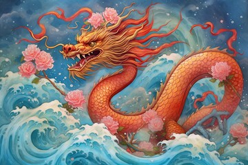Fototapeta na wymiar Lunar New Year's Enchanting Chinese Dragon Drawing: Bringing Prosperity and Fortune, generative AI