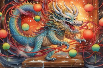 Fototapeta premium Enchanting Chinese Dragon Dancing Amidst Festive Lanterns: A Spectacle of Colorful Scales and Radiant Light, generative AI