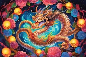 Lanterns Illuminating the Night Sky: A Enchanting Chinese Dragon Festival in a Kaleidoscope of Colors, generative AI